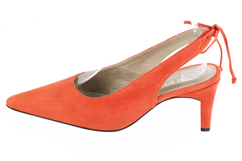 Clementine orange women's slingback shoes. Pointed toe. Medium comma heels. Profile view - Florence KOOIJMAN